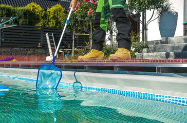 Sticker - Poolside Maintenance Worker Cleaning Water Surface with a Net