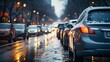 A winter snowstorm brings traffic and pedestrians to a slow crawl at New York. Traffic in Manhattan New York City