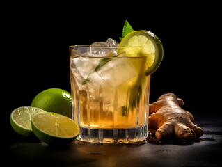 Fresh cocktail prepared with ginger beer, lime and ice . Ai Generative