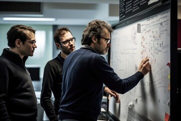 Poster - researchers huddled around a whiteboard, notes and diagrams, sparking insightful discussions