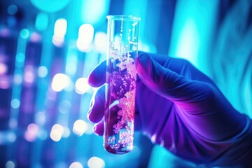 Poster - close-up scientist hand holding a test tube and flask, vibrant chemical reactions in the background