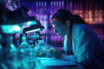 Poster - retro-futuristic lab: female scientist at a microscope, vibrant neon lights enhancing the ambiance.