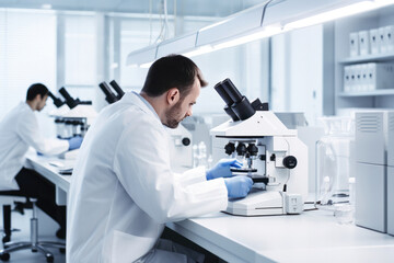 Poster - Scientist intently studies at minimalist microscope in a pristine laboratory, focused research