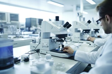 Poster - Scientist advances medical and scientific innovations, using microscope in lab for focused research