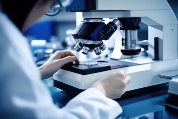Poster - Lab researcher employs microscope, steering medical and scientific innovation efforts