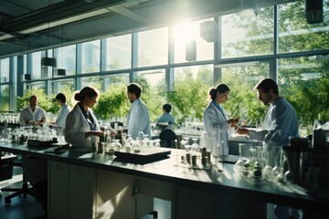 Poster - diverse scientists working in laboratory microscopes and lab equipments, global medical research