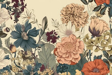 Vintage Flower Painting Background, Beautiful Floral Art With Wildflowers Garden Illustration Generative Ai
