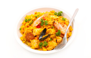 Sticker - Seafood paella dish on white background