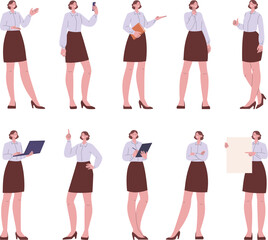 Wall Mural - Different poses girl. Female cartoon character with display, laptop and book. Business woman, office professional or administrator, kicky vector person