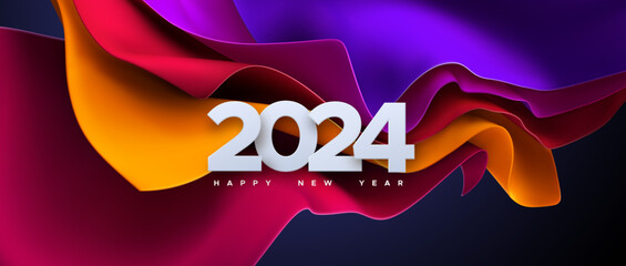 Wall Mural - Happy New 2024 Year. Vector holiday illustration of paper cut numbers 2024 on colorful streaming fabric background. 