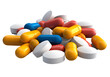 stack of multicolor pharmaceutical vitamin pills on isolated transparent background