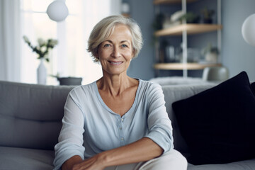 Calm retired mature woman in casual clothes resting alone seated on comfortable sofa in living room smile looking at camera. Baby-boomer generation female portrait, retirement. Generative AI.