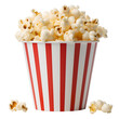 red white paper bucket full of popcorn on isolated transparent background
