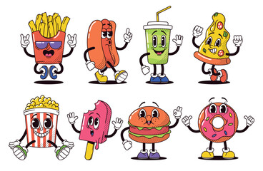 Retro Cartoon Fast Food Characters Embody Vibrant And Funky Vibes. French Fries, Hot Dog, Cola And Pizza. Pop Corn
