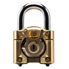 gold security padlock on isolated transparent background