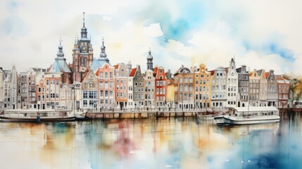 Wall Mural - Watercolor cityscape oft Amsterdam, the capital of the Netherlands, in front the Amstel river. Drawing, watercolor, illustration, paint, art, city, capital, high quality 160