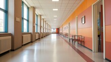 Long Corridor With Furniture In School Building