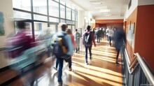 Busy High School Corridor During Recess With Blurred