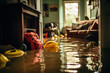 flooded room in the house with things, tsunami ruined people property generative ai