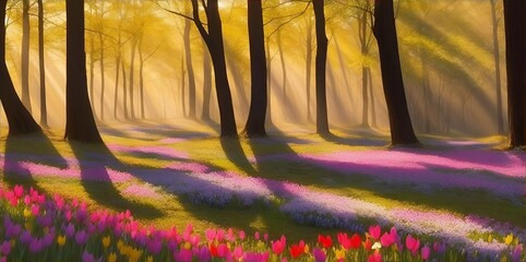 Wall Mural - Morning sun in the forest. AI generated illustration