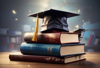 Wall Mural - A stack of books with a graduation cap on top of it