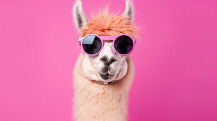 Wall Mural - Cute and funny lama wearing pink sunglasses on pastel background
