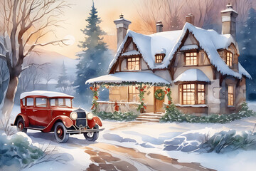 Wall Mural - Vintage Christmas card in a watercolor style. Retro car next to an old house decorated for Christmas on the background of the forest. Christmas Eve. Beautiful winter scene.