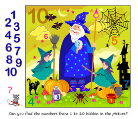 Logic puzzle game. Math education for young children. Can you find the numbers from 1 to 10 hidden in the picture? Developing counting skills. IQ test. Play online. Printable worksheet for kids.