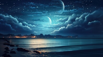 A landscape of a night sky over the ocean with a crescent moon and stars.