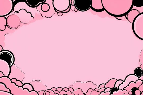 A pink background with black and white clouds. Digital image. Frame with copy space.