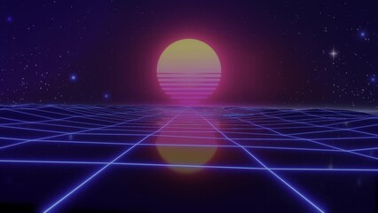 Wall Mural - synthwave sunset. animated background. 80s sun. wireframe landscape. retro future perspective grid. 