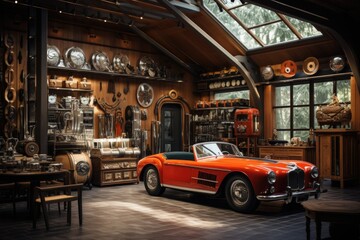Naklejka na meble Vintage Car Collector's Garage: A garage with classic car memorabilia, vintage gas pumps, and retro automotive decor. Generative AI