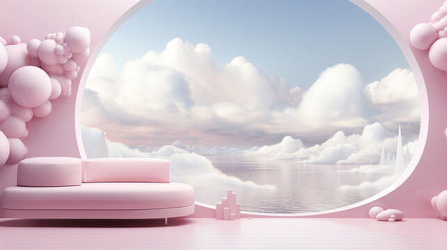 A three-dimensional rendering featuring an abstract fantasy backdrop where fluffy clouds gracefully swirl around a curved arch set against a pink wall. Above the water, a white cum 