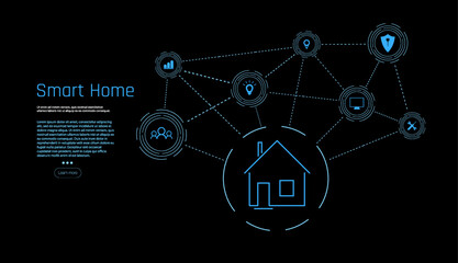 Poster - Intelligent home management system. The concept of a smart home security system. Smart Home technology. The building consists of numbers and is connected by icons of household smart devices. 