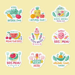 Wall Mural - Kids menu. Badges with place for text restaurant childrens menu recent vector logo collections