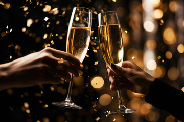 Two hands with glasses of champagne wine clink against blurred golden lights. Festive background and celebration concept