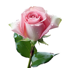 Wall Mural - pink rose with green leaves raindrops on transparent background
