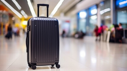 Wall Mural - Black suitcase in airport. Luggage in therminal. Case with wheels and handle.