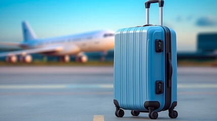 Wall Mural - Single blue suitcase in airport. Luggage in therminal. Case with wheels and handle.