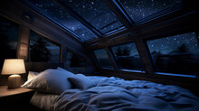 A Loft - Style Bedroom In A Tiny Home, Minimalist Design, Skylight With A View Of The Starry Night Sky