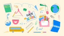 School Supplies And Stationery Set. Math And Chemistry Books, Writing Tools, Pencil, Pen, Rulers, School Bus, Backpack. Education, Back To School Concept. Vector Illustration Isolated On Background