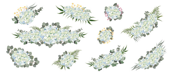 Wall Mural - Collection of floral vector compositions on white background. White-blue hydrangea, gypsophila, different green plants and leaves, eucalyptus . Vector illustration