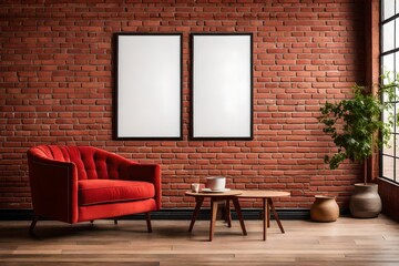 view of modern living room with red coloured single sofa  a wooden table and two blank white portraits on red wall ai generated