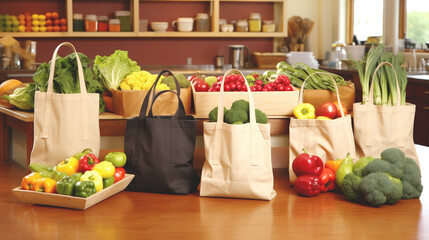 Reusable shopping bags filled with fresh produce and bulk items with minimal use of plastic and packaging on wooden background representing sustainability. Eco shopping. Generative Ai