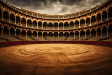 Empty Round Bullfight Arena In Spain. Spanish Bullring For Traditional Performance Of Bullfight