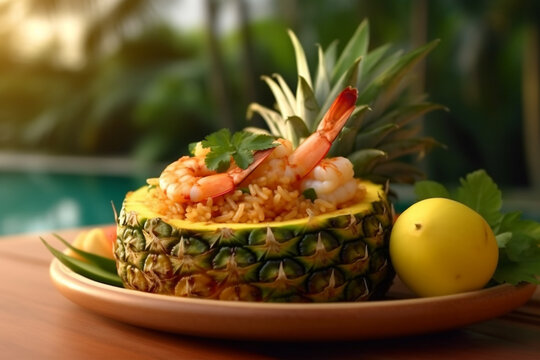 Wall Mural -  - Pineapple shrimp fried rice on a pineapple boat platter Thailand boat