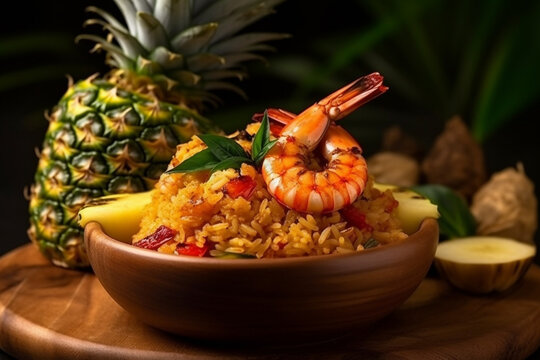Wall Mural -  - Close up of Pineapple shrimp fried rice on a pineapple boat platter Thailand boat