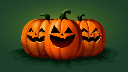 Wall Mural - Laughing carved Halloween pumpkins isolated on green background. Spooky wallpaper with cartoon glowing Jack-o-lantern as a decoration for October 31st