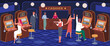 Casino visitors. People play slot machines, happy gamblers win and lose money, players hope jackpot, adult games, indoors interior, waiter with drinks, nowaday vector cartoon flat concept
