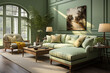 Cozy sage leaf green colour living room, couch with green and yellow pillow. Picture on the wall. Green plant in the pot. Luxury maximalism interior style. Copy space